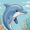 A cute cartoon illustration of a dolphin under the seas surrounded by blue and orange seaweed