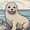 An adorable cartoon illustration of a seal on the rocks next to the sea