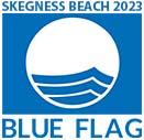 The Blue Flag Award proudly displayed at Skegness Beach in 2023, representing the beach's high environmental and water quality standards near our caravan for rent Skegness