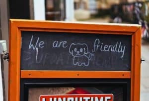 A friendly cafe sign welcoming dogs, one of many dog friendly cafes in Skegness