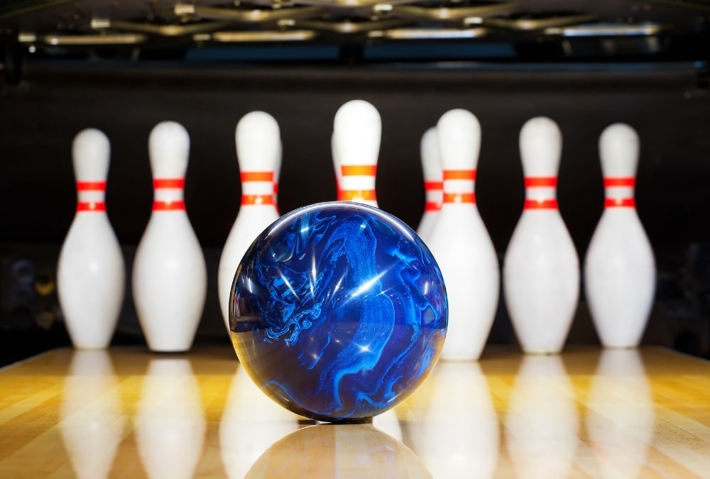 Ten-pin bowling ball and pins at Skegness Pier's indoor entertainment complex