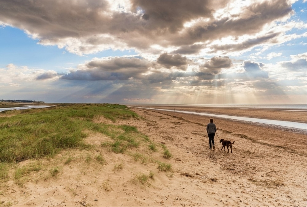 Person walking a dog along a sandy beach under a cloudy sky