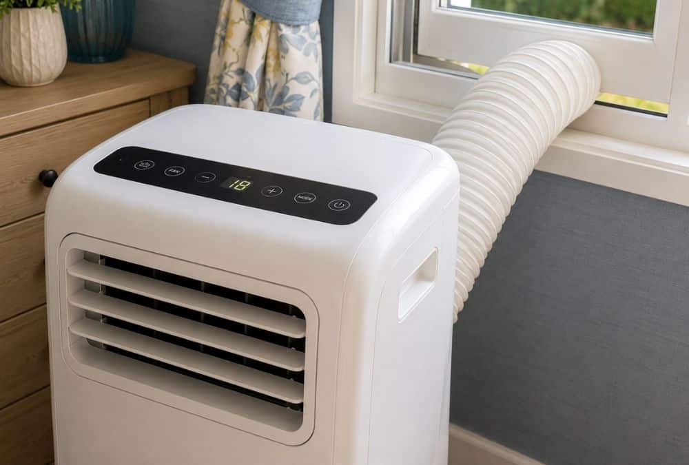 Portable air conditioner cooling a static caravan living room