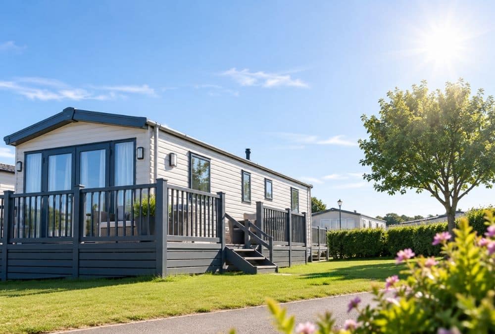 Static caravan exterior on a sunny summer day at a UK holiday park