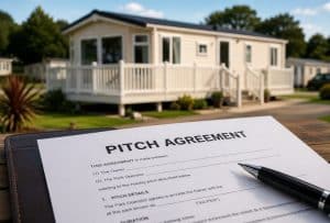Static caravan pitch agreement document with a holiday caravan in the background