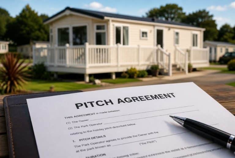 Static caravan pitch agreement document with a holiday caravan in the background