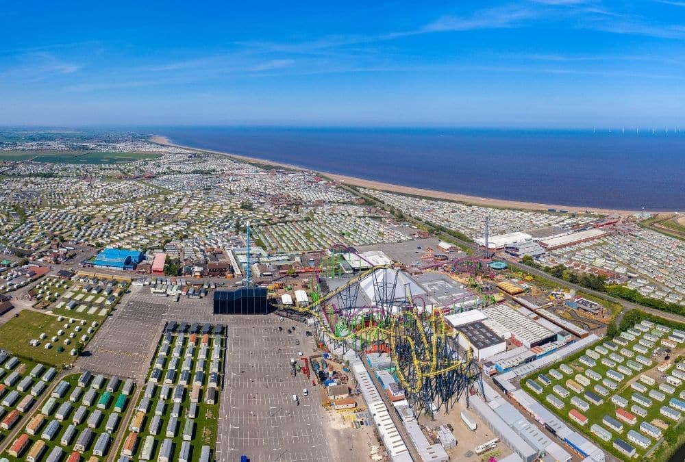 Aerial view of Fantasy Island Skegness theme park and rides in Ingoldmells