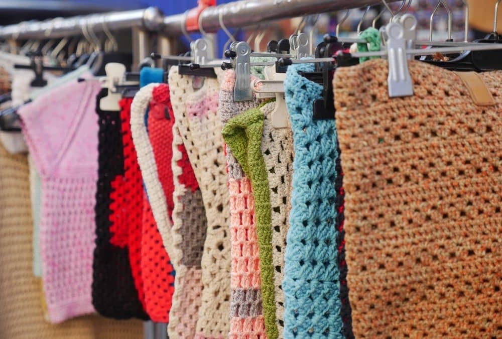 Colourful clothing stalls at Ingoldmells Market, Fantasy Island