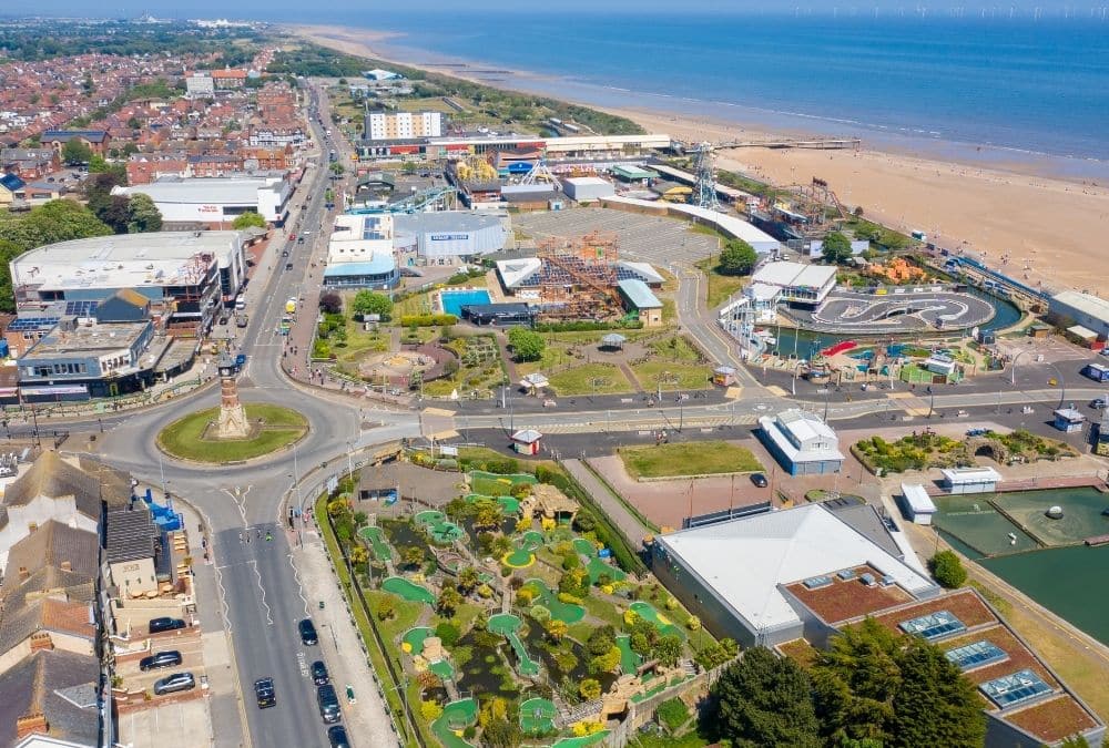 Aerial view of Ingoldmells and Skegness seafront near Fantasy Island