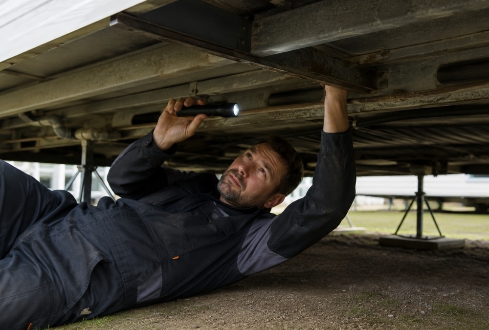 Engineer inspecting the chassis underneath a static caravan to check for rust and structural damage.