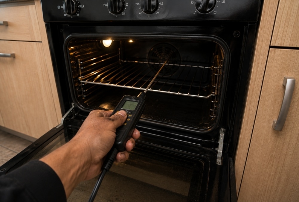First-person view of a gas safety inspection being carried out on a static caravan oven using a gas analyser.