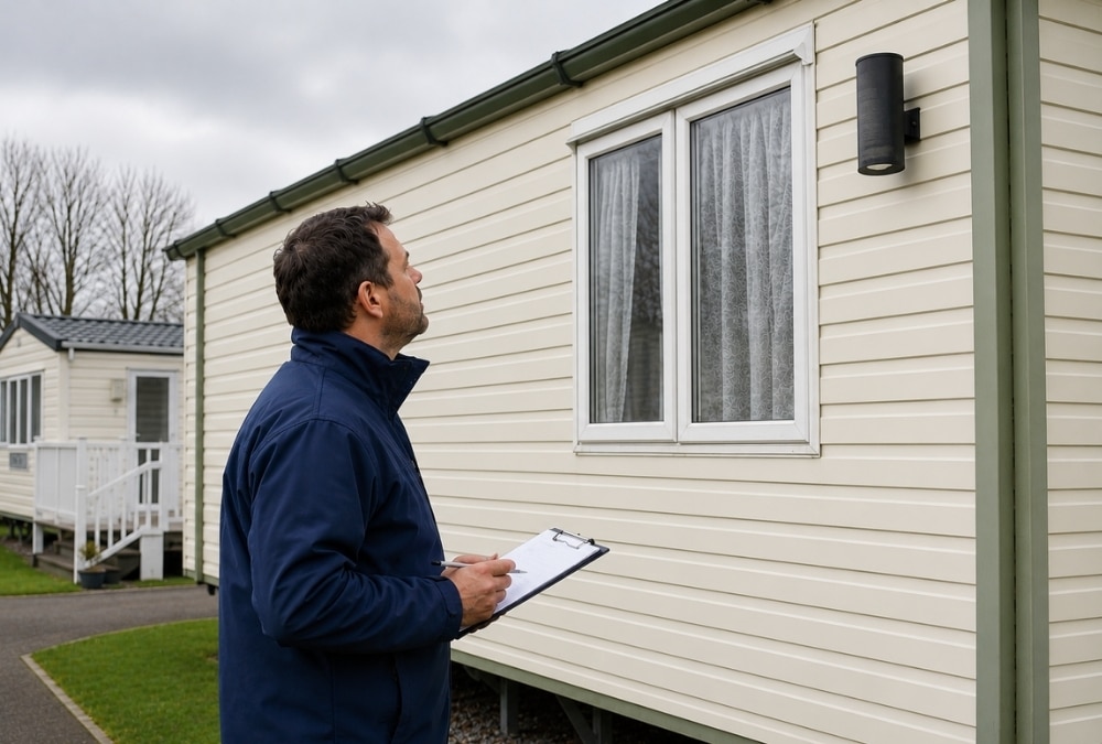 Maintenance engineer inspecting the exterior of a static caravan during a routine safety inspection.