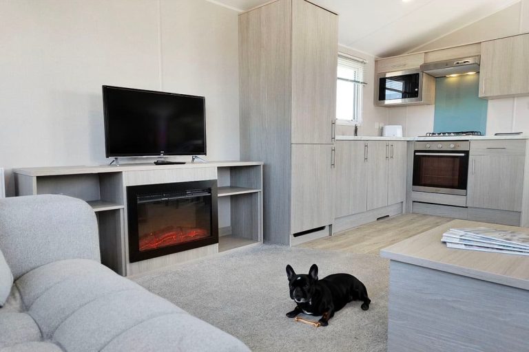 dog-friendly accommodation in Skegness Fully equipped kitchen with a gas oven, grill, and abundant storage, featuring a relaxed dog sitting on the carpet in the living room, enhancing the pet-friendly appeal.