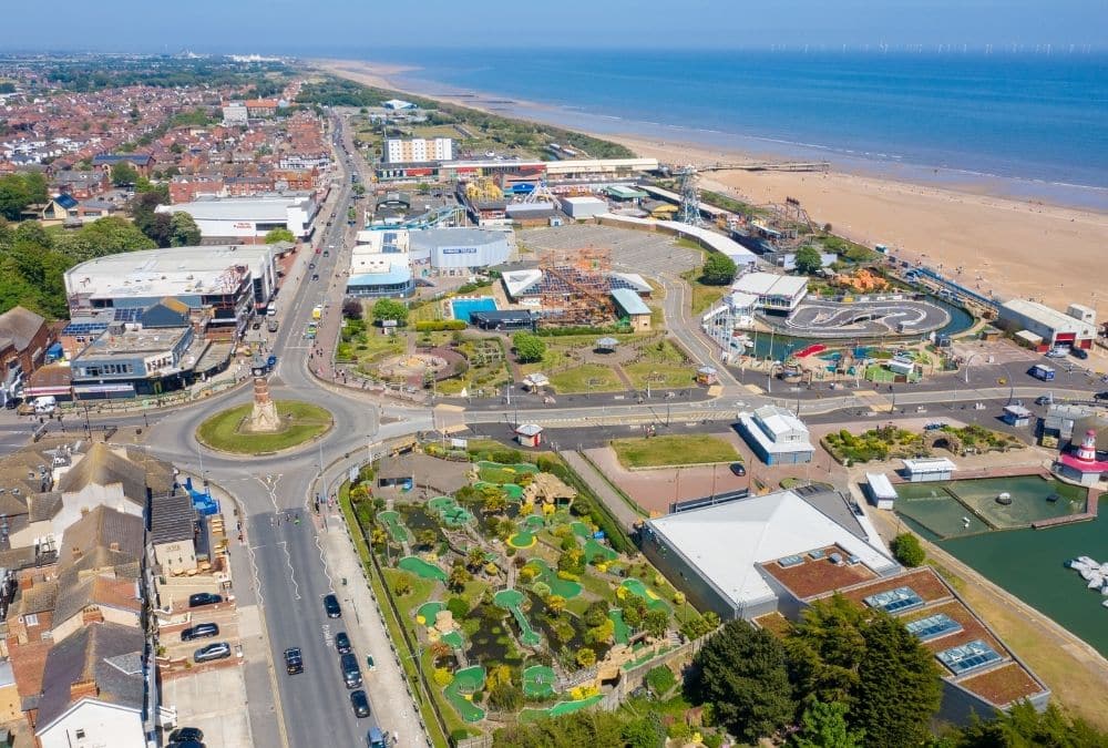 Aerial view of Skegness seafront attractions near Ingoldmells