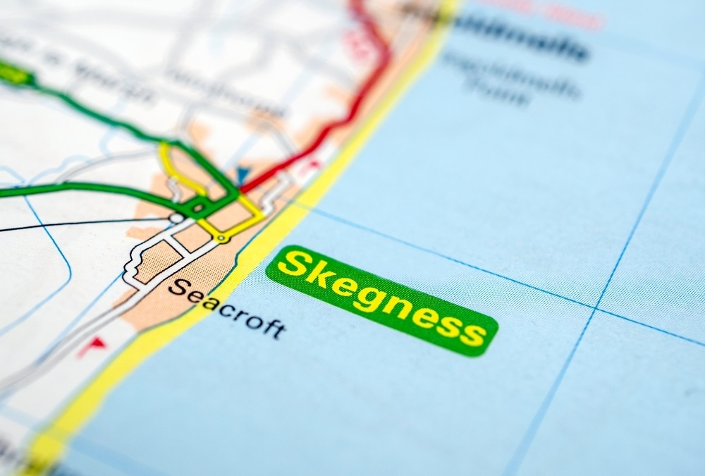 Map showing Skegness on the Lincolnshire coast near Huttoft Beach