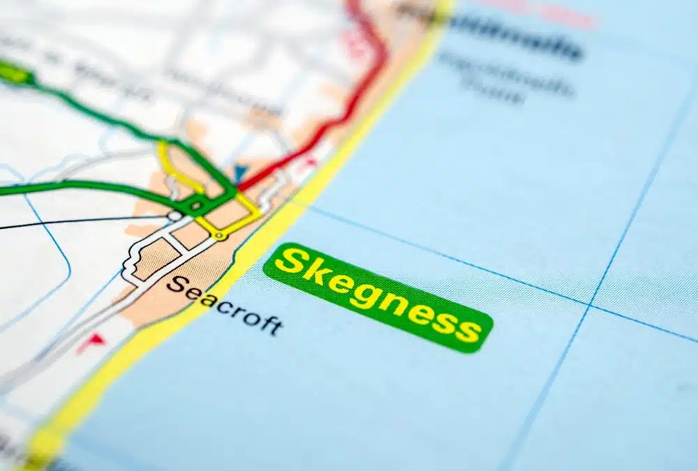 Map showing Skegness on the Lincolnshire coast near Huttoft Beach