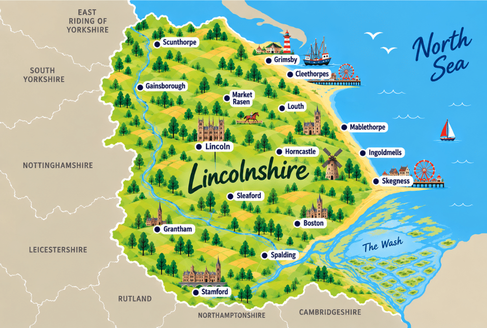 Map of Lincolnshire showing Lincoln, Skegness, Ingoldmells, Grantham, Boston and Stamford on England's east coast