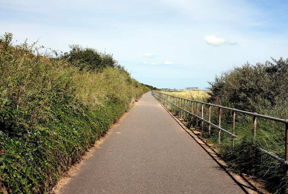 Coastal path lined with dune grass and railings along the seafront at Chapel St Leonards