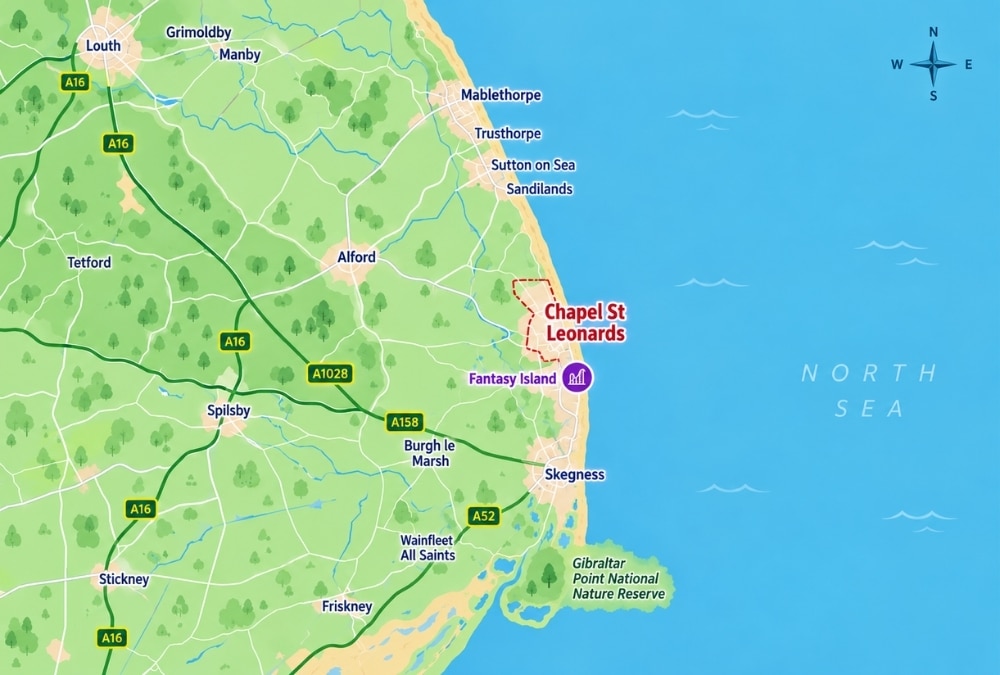 Map showing Chapel St Leonards on the Lincolnshire coast between Skegness and Mablethorpe