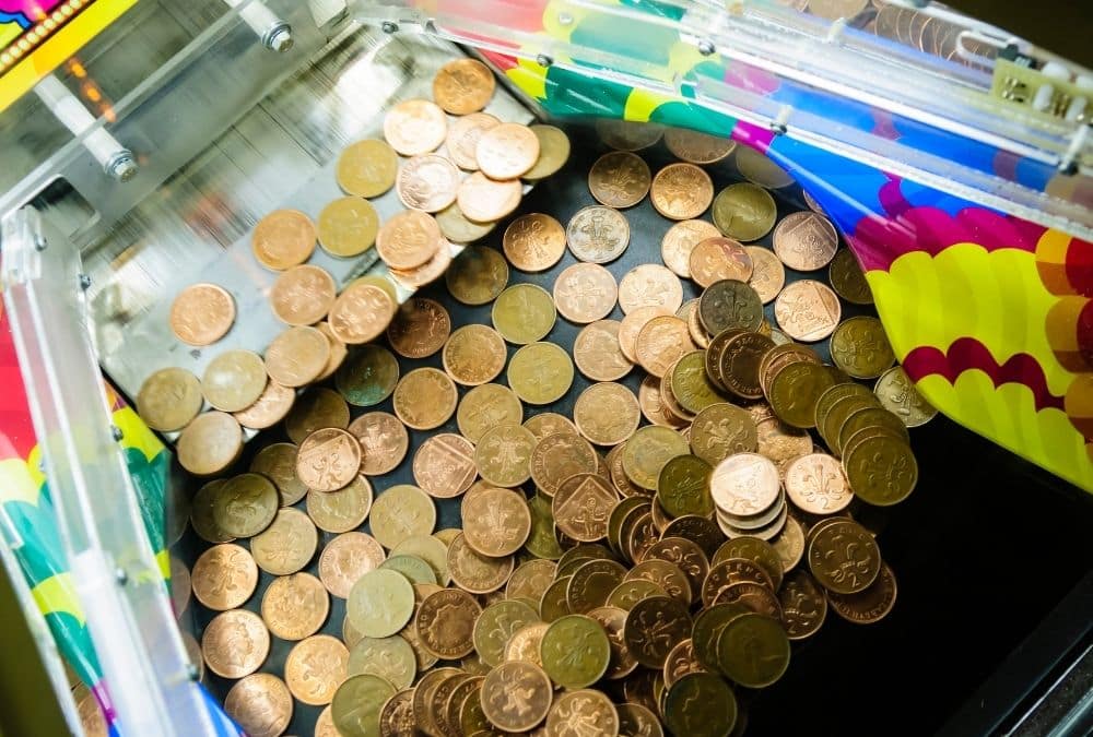 Skegness arcade coin pusher machines and classic games inside Lucky Strike arcade on the seafront