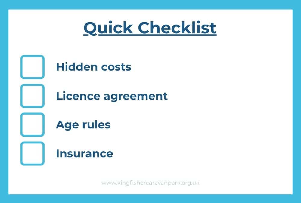 Static caravan buying checklist covering hidden costs, licence agreement, age rules and insurance