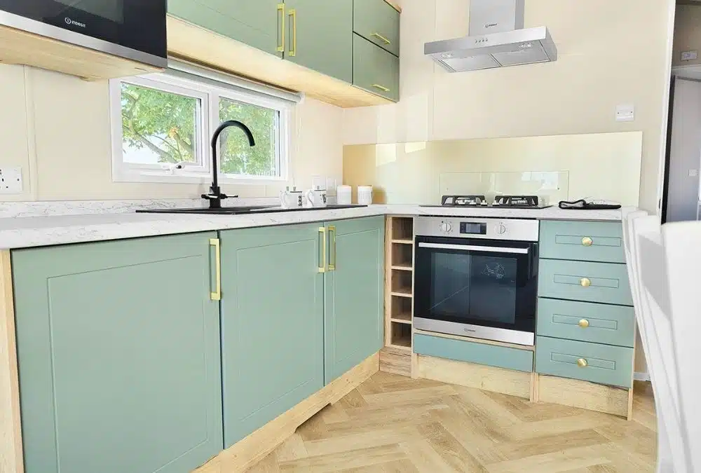Interior of a modern static caravan with a luxurious open-plan kitchen