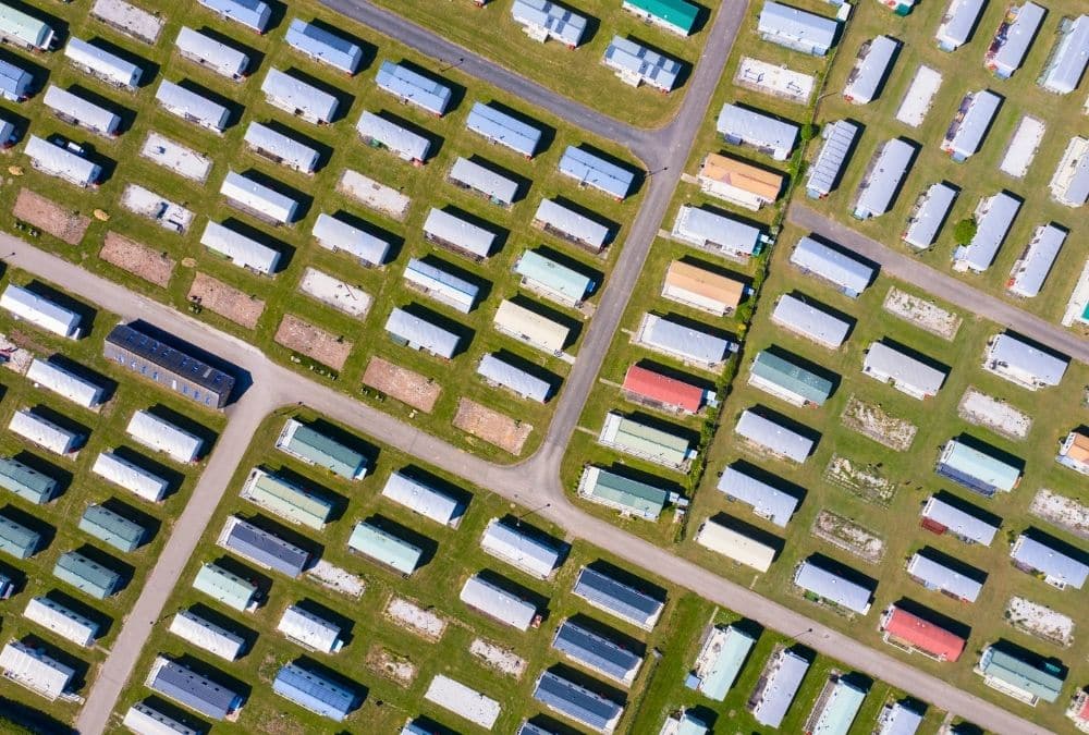 Aerial view of a static caravan park showing caravan pitches and park layout