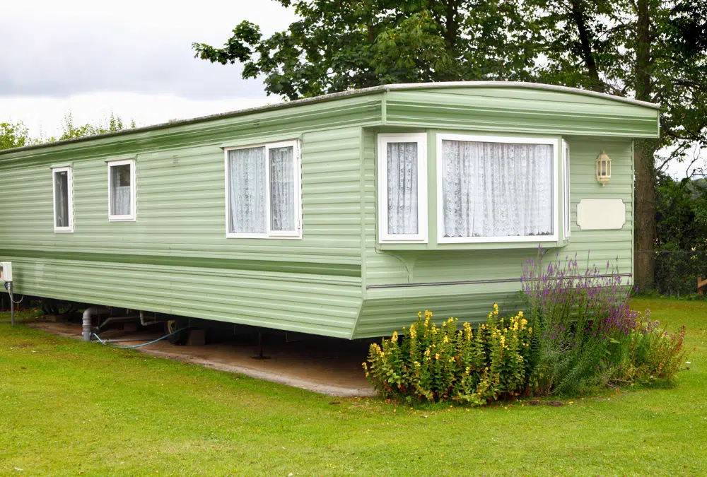 Green mobile home on a grassy lawn with flowering shrubs in front, including purple lavender and yellow blooms.