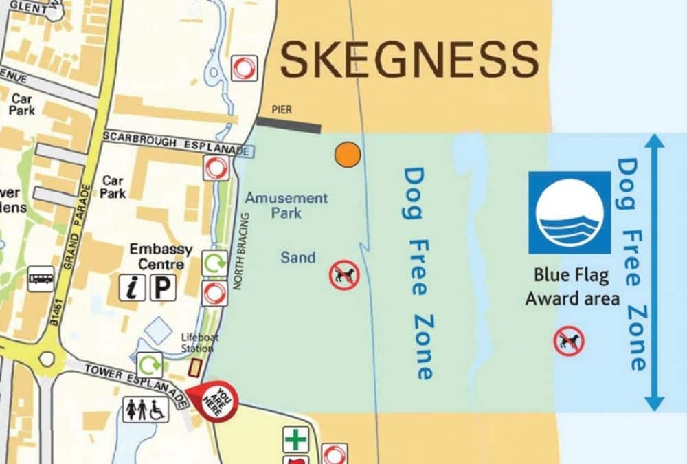 Map showing the dog-free Blue Flag zone and dog-friendly areas of Skegness beach