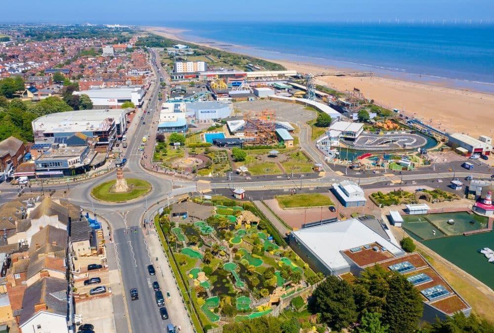 Aerial view of Skegness town centre and seafront near dog friendly pubs