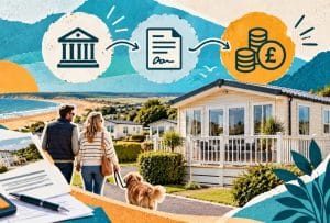 Couple viewing a static caravan while considering finance options in the UK
