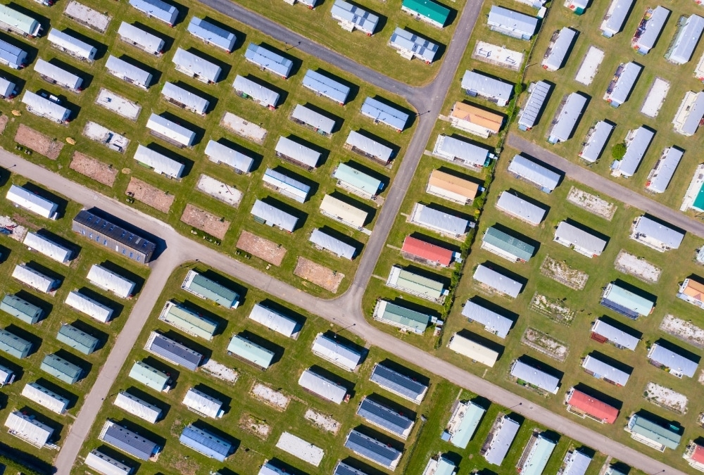 Aerial view of rows of static caravans on a holiday park in Ingoldmells