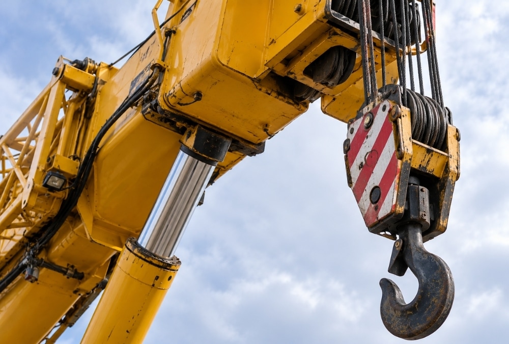 Yellow crane hook used for crane lifts when moving a static caravan