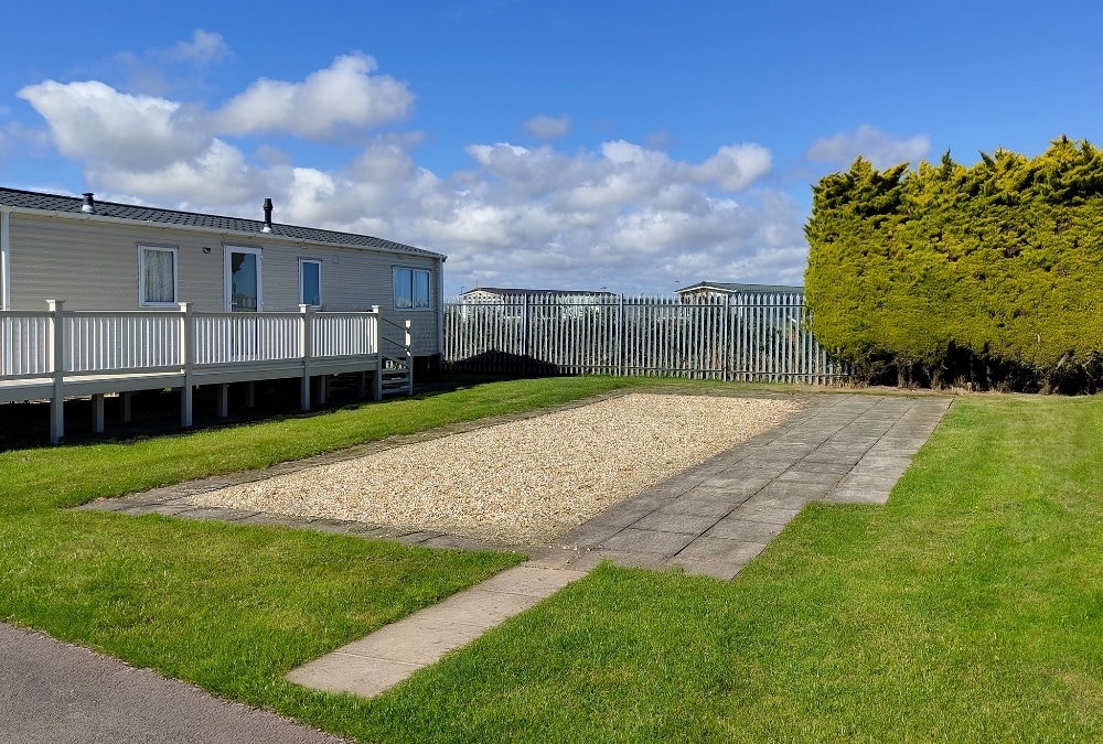 Empty static caravan pitch ready for relocation at Kingfisher Caravan Park in Ingoldmells