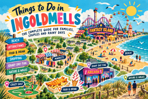 Colourful illustrated guide to things to do in Ingoldmells, featuring Fantasy Island, the beach, markets, arcades and family attractions.