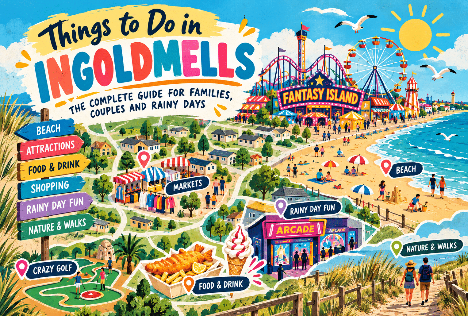 Colourful illustrated guide to things to do in Ingoldmells, featuring Fantasy Island, the beach, markets, arcades and family attractions.