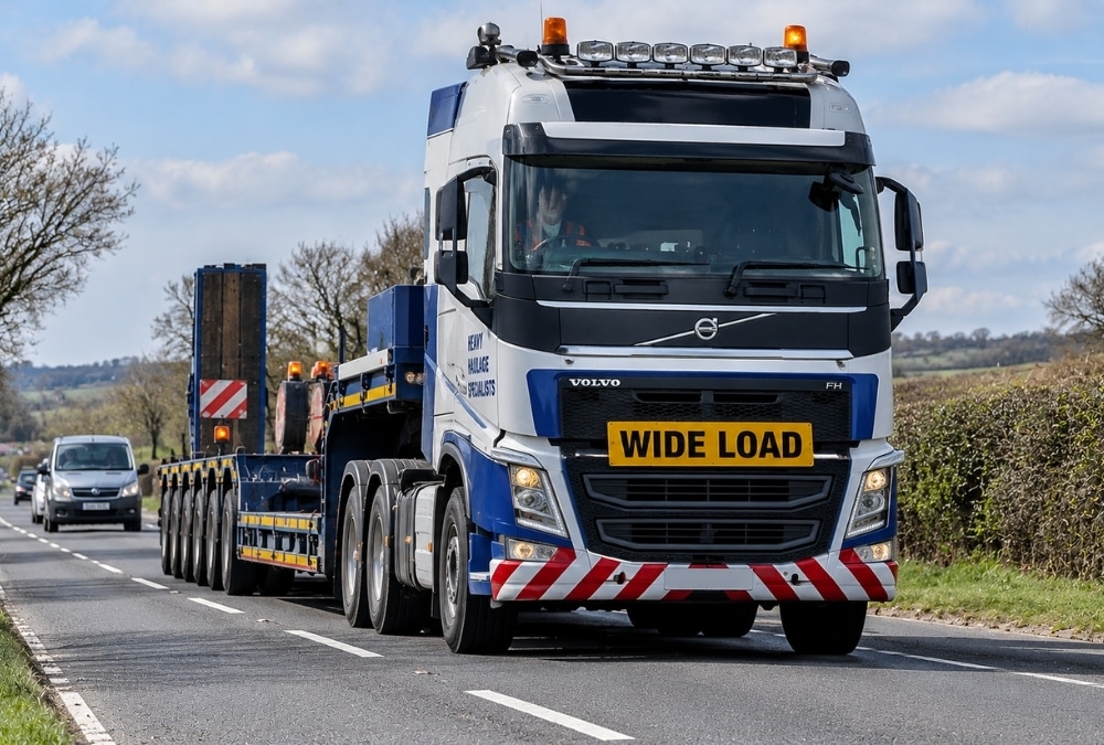 Wide load heavy haulage lorry used to transport a static caravan on a UK road